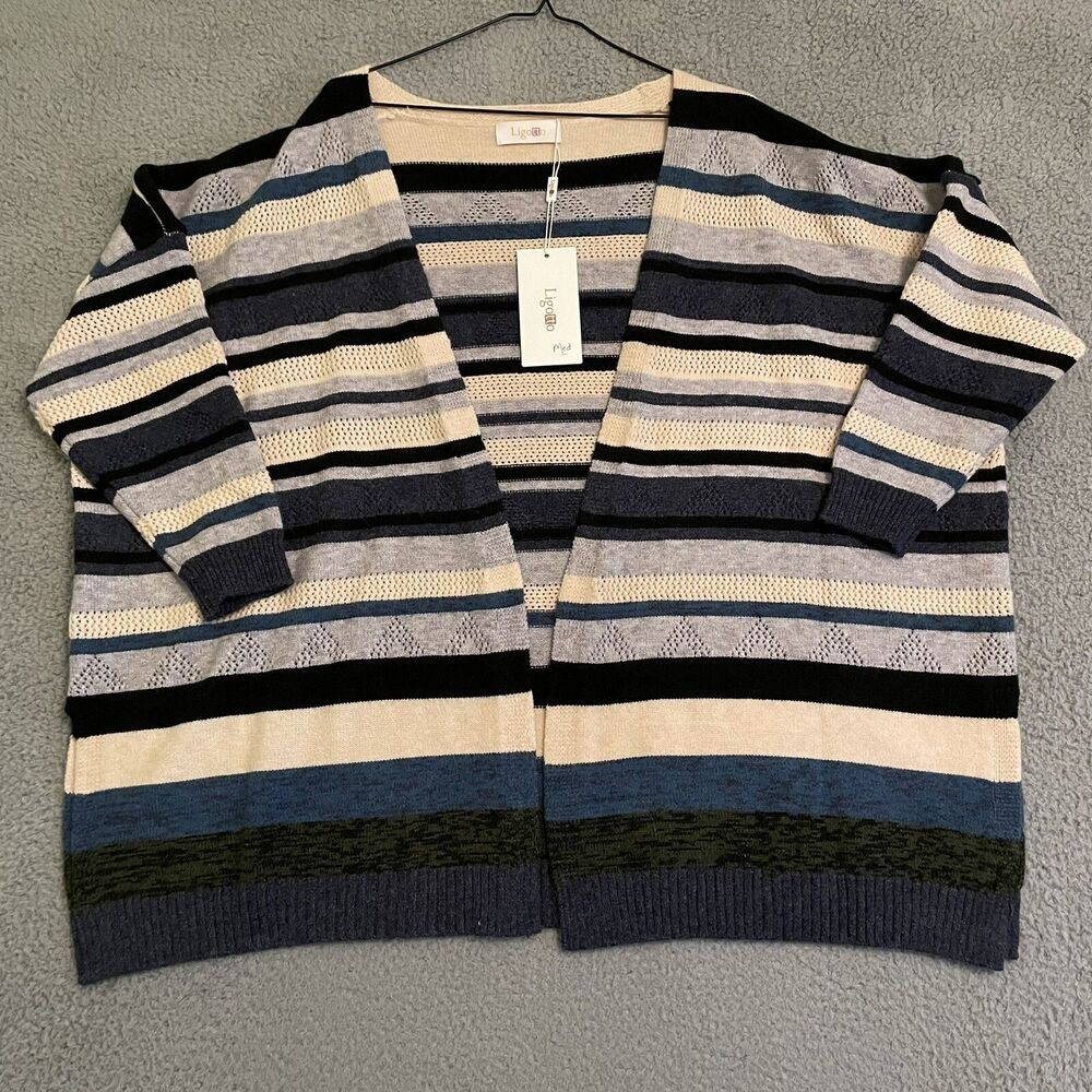 Ligotto Open Front Cardigan Striped Womens Medium  Striped Long Sleeve